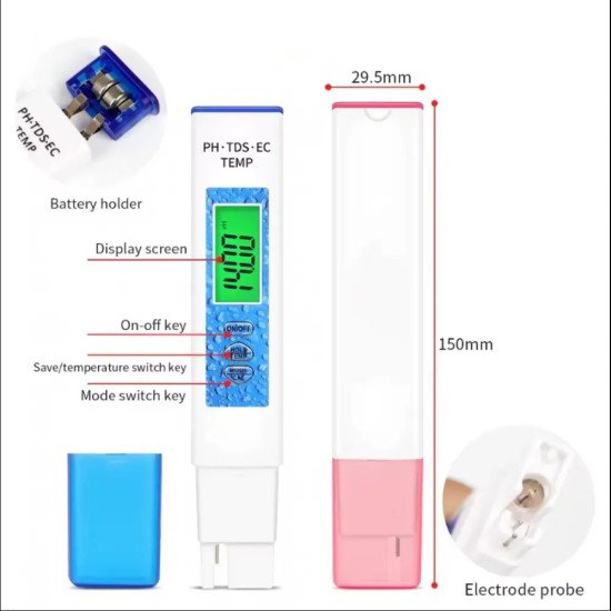 4 в 1 тестер за качеството на водата PH, TDS, EC, Температур
