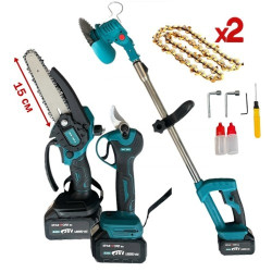 Комплект 3 в 1 от акумулаторна лозарска ножица, мини верижен трион с 15 см шина, маслен филтър, 2 вериги и акумулаторен тример за трева 36V 8Ah KraftRoyal