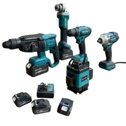 Комплект 5 в 1 от лазерен нивелир, перфоратор, винтоверт, гайковерт и ъглошлайф 36V с 3 броя батерии 8Ah