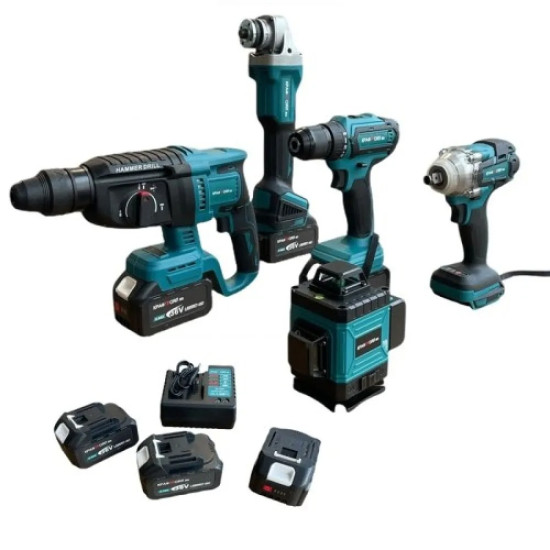 Комплект 5 в 1 от лазерен нивелир, перфоратор, винтоверт, гайковерт и ъглошлайф 36V с 3 броя батерии 8Ah
