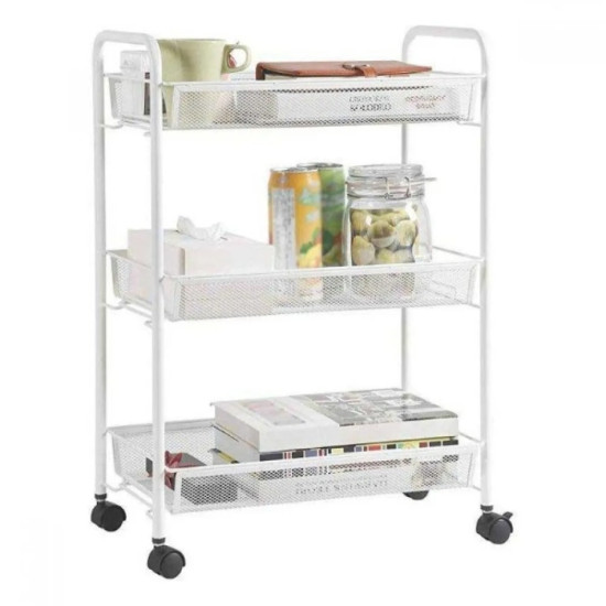 Стелаж на колела Ziel, 3 нива, Бял, 27 x 48 x 63 cм