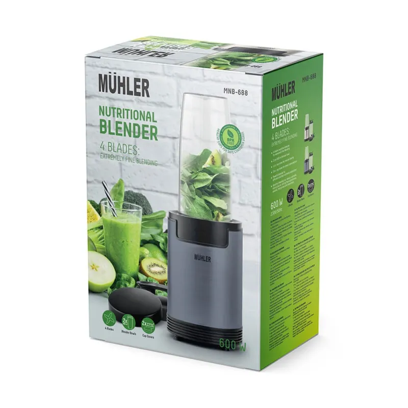 Нутри блендер Muhler MNB-688, 600W, 6 ножа, 2 чаши, Ash Grey – Кухненски уреди | TopZone.bg