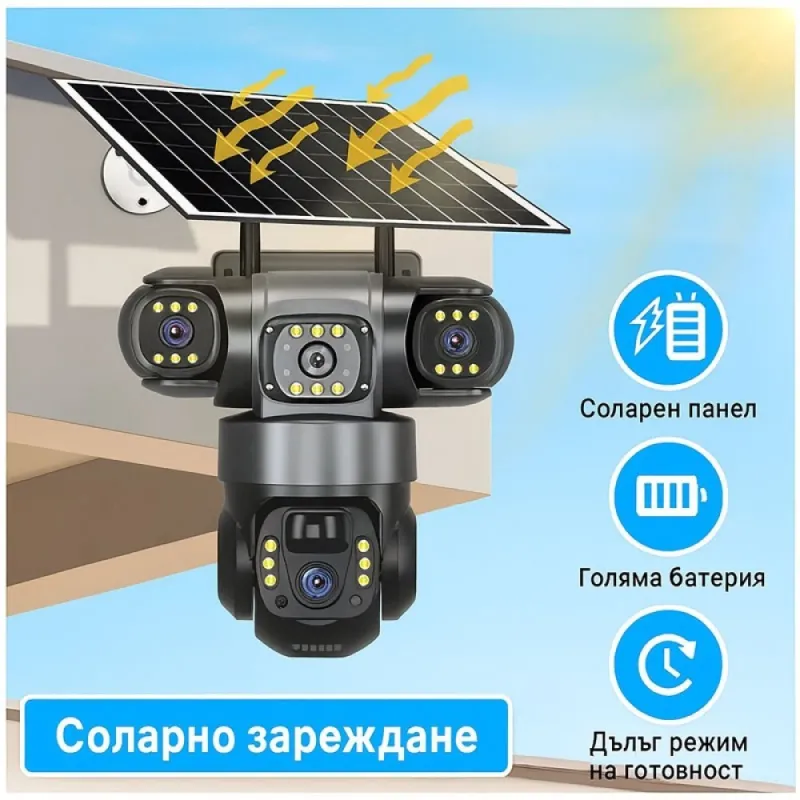Соларна камера – 6MP Full HD, троен обектив, движение, нощно виждане, двупосочна комуникация, IP66 – Видеонаблюдение | TopZone.bg